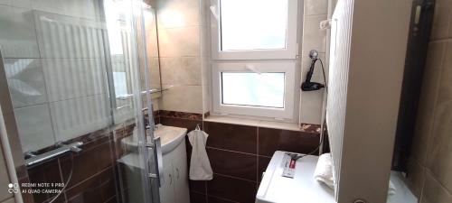 a small bathroom with a toilet and a window at Heidi Apartman in Szeged