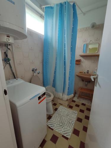 baño con aseo y cortina de ducha azul en Vitorlás Haus, en Balatonkeresztúr