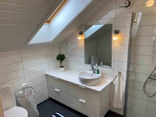 uma casa de banho com um lavatório e um espelho em Flott sjøhus rett ved Saltstraumen em Saltstraumen
