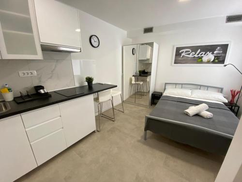 eine Küche und ein Schlafzimmer mit einem Bett in einem Zimmer in der Unterkunft Koper2stay Apartments in Koper