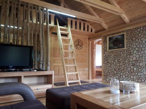 a living room with a tv and a ladder at Wooden House Ripac in Bihać
