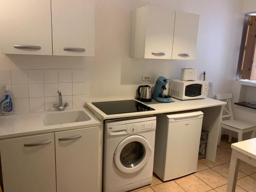 une cuisine avec un lave-linge et un micro-ondes dans l'établissement Panier, à Marseille