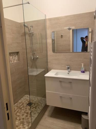 La salle de bains est pourvue d'un lavabo et d'une douche en verre. dans l'établissement Panier, à Marseille