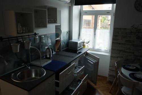 a kitchen with a sink and a laptop on a counter at Apartments SAB in Ogulin