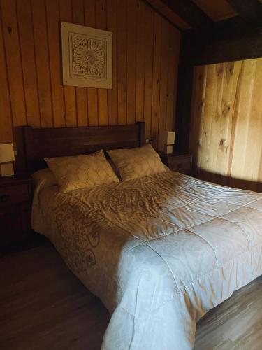 a bedroom with a large bed in a wooden room at Apartamentos Numancia in Garray