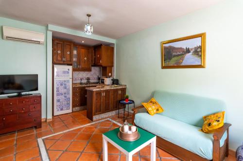 a living room with a couch and a kitchen at tuGuest Aljibe del Rey Apartment in Granada