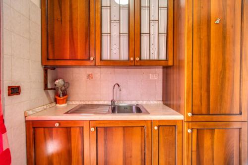 una cocina con armarios de madera y fregadero en SWEET HOME LULLABY - free parking, en Passoscuro