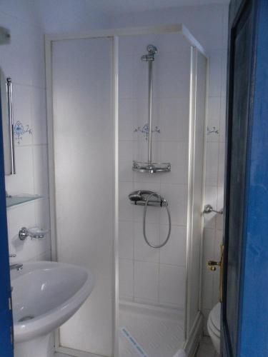 a white bathroom with a shower and a sink at Pension Giulia in Timişoara
