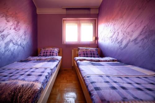 LazarevacにあるApartman 23の窓付きの小さな部屋のベッド2台