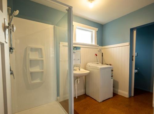a bathroom with a shower and a sink and a toilet at 5 Amuri Avenue in Hanmer Springs