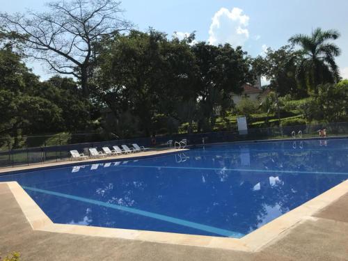 a large blue swimming pool with chairs and trees at Valle lanceros Melgar in Melgar
