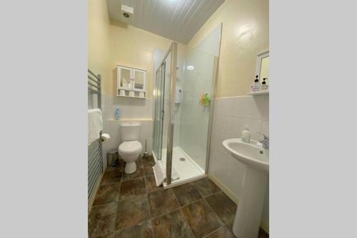 a bathroom with a shower and a toilet and a sink at 300 yards from Old course and St Andrews centre in St Andrews