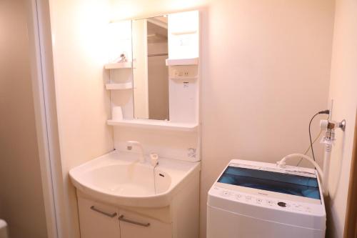 a small bathroom with a sink and a washing machine at ケイアイコンホテルズ 新栄301 in Aoichō