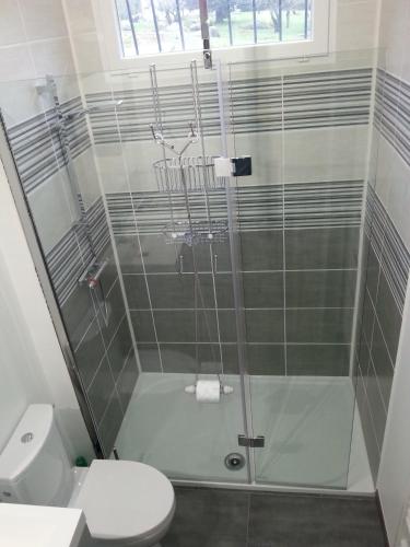 une salle de bain avec une douche en verre et des toilettes dans l'établissement Gîte de Marie, à Burlats