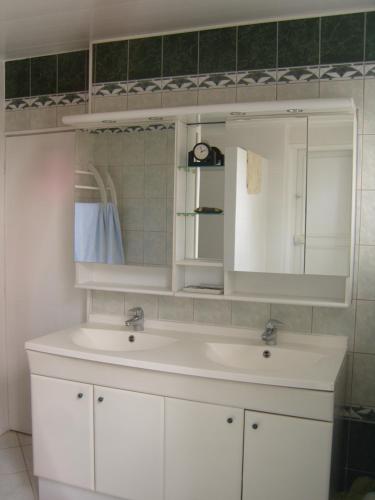 La salle de bains est pourvue d'un lavabo blanc et d'un miroir. dans l'établissement gite du vieux tilleul, à Fère-en-Tardenois