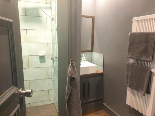 y baño con ducha, lavabo y espejo. en Room eleven, en Veliko Tŭrnovo