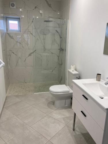 a bathroom with a shower and a toilet and a sink at Appartement cour ancienne abbaye in Saint-Astier