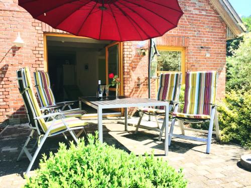 a patio with a table and chairs and a red umbrella at Landurlaub auf Hinners-Hoff in Bendingbostel