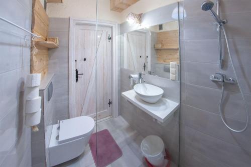 a bathroom with a toilet sink and a shower at Chata w Bieszczadzie apartamenty i domki z basenem Bieszczady in Polańczyk