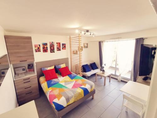 1 dormitorio con 1 cama con almohadas coloridas en Suite Athéna - Melun gare RER - Studio avec Balcon et parking, en Melun