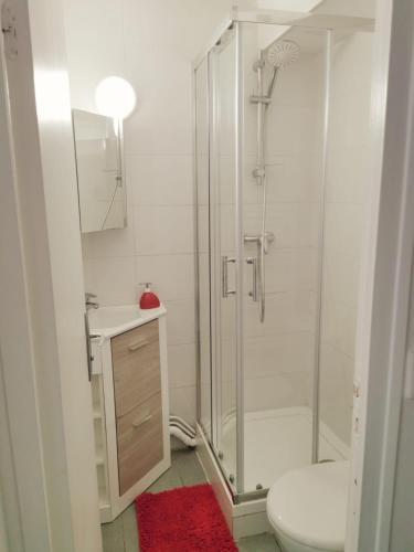 une salle de bain avec une douche, des toilettes et un lavabo dans l'établissement Suite Athéna - Melun gare RER - Studio avec Balcon et parking, à Melun