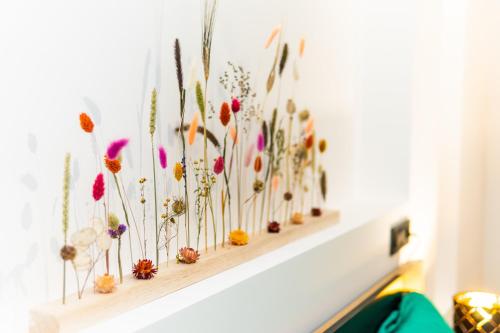 a row of flowers on a shelf on a wall at Zelena dolina in Cerkno