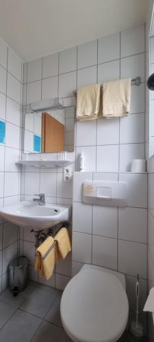 a white bathroom with a toilet and a sink at Hotel Seehalde in Nonnenhorn