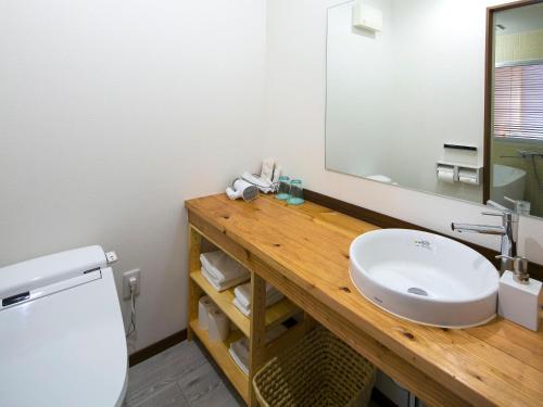Painushima Resort في جزيرة إيشيغاكي: حمام مع حوض ومرحاض ومرآة