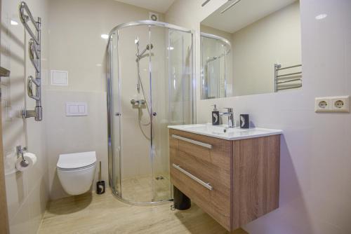 パランガにあるEGITOS apartamentaiのシャワー、洗面台、トイレ付きのバスルーム