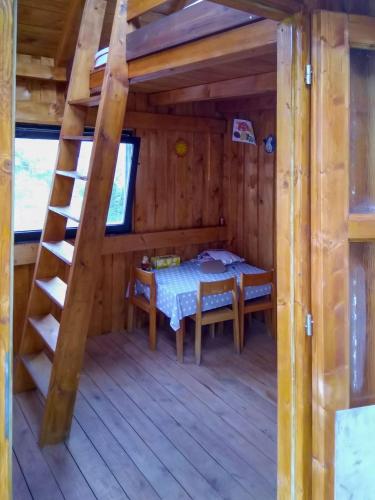 a room in a log cabin with a bunk bed and a ladder at Roubenka in Červený Kostelec