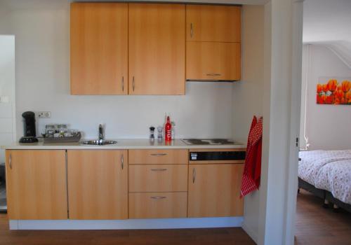 a kitchen with wooden cabinets and a sink at Bed and Breakfast de Meule Montfort in Montfort