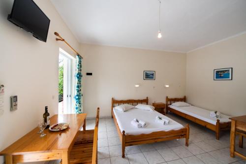 a room with two beds and a table and a tv at Mediterraneo studios in Vasiliki
