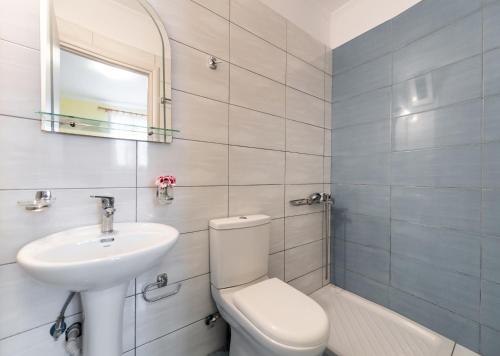 a bathroom with a white toilet and a sink at Mediterraneo studios in Vasiliki