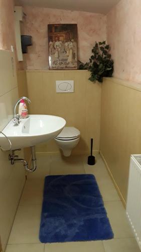 La salle de bains est pourvue d'un lavabo, de toilettes et d'un tapis bleu. dans l'établissement Ferienwohnung Putbus, à Putbus
