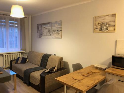 ein Wohnzimmer mit einem Sofa und einem Tisch in der Unterkunft Apartament na Wierzbowej parter in Kędzierzyn-Koźle