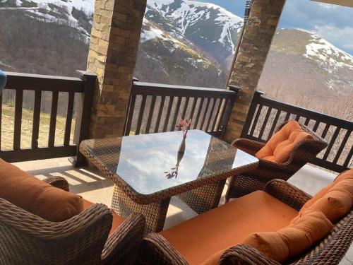 a table and chairs on a balcony with a view of mountains at Vershyna in Pilipets