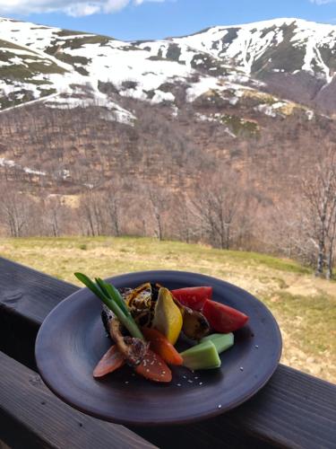 a plate of vegetables on a table with a mountain at Vershyna in Pilipets