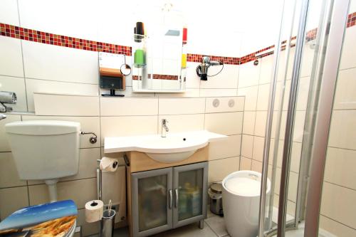 een badkamer met een wastafel en een douche bij Duenengras in Hörnum