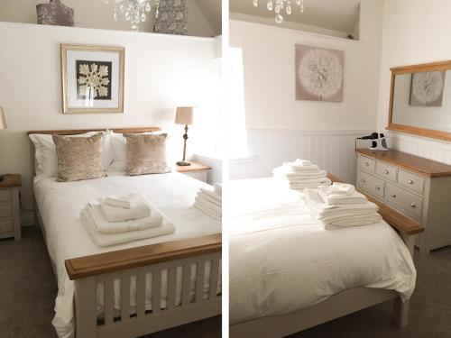 two pictures of a bedroom with a bed and towels at The Hideout in Oakham