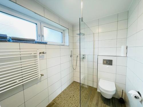a bathroom with a toilet and a glass shower stall at Ferienwohnung Mittelrhein Familie Lehmann in Niederburg