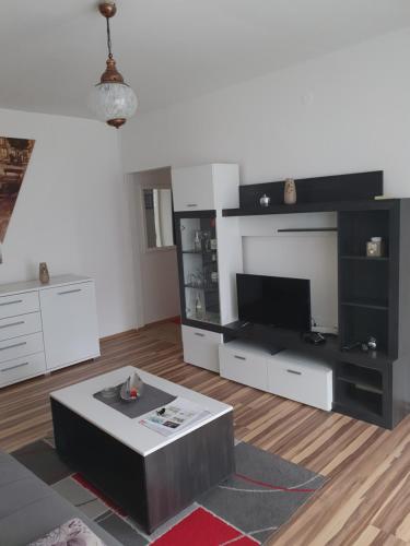 a living room with a black and white furniture at Studio apartman BF in Slavonski Brod