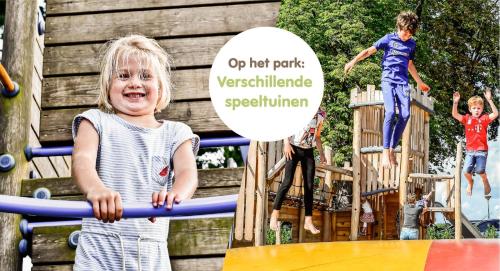 a little girl is standing on a playground at Pop-up glamping - Buurvrouws' Belltentje 2-4 pers in Zuna
