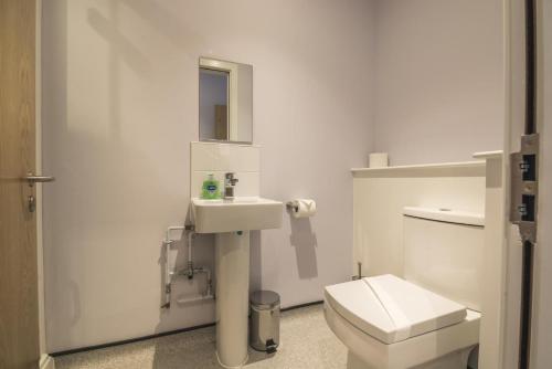 biała łazienka z toaletą i umywalką w obiekcie No 9 Ocean Cabins - Saundersfoot Harbour - Saundersfoot w mieście Saundersfoot
