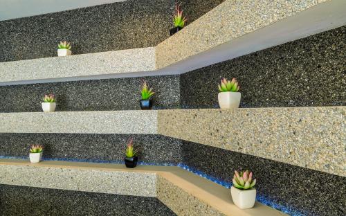 a stone wall with potted plants on the stairs at Karras Hotel in Laganas