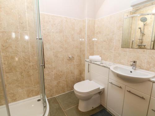 a bathroom with a toilet and a sink and a shower at Shepherds Retreat in Ashbourne