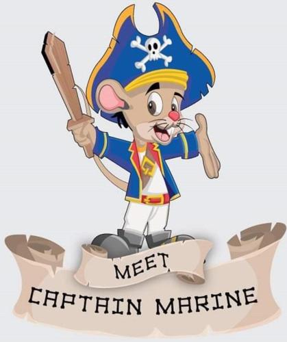 a pirate cartoon character holding a stick at Marine Holiday Park in Rhyl