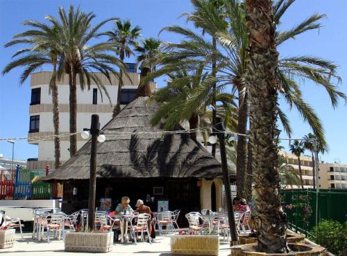 un grupo de personas sentadas en un restaurante con palmeras en Sweet Estudio Playa Del Ingles II en San Bartolomé