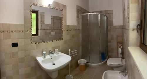 ein Bad mit einem Waschbecken, einer Dusche und einem WC in der Unterkunft Barsentello in Noci