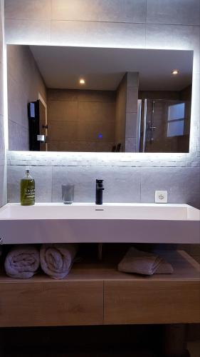 a bathroom with a sink and a mirror at Moulin Renaudiots - Maison d'hôtes in Autun