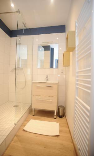 une salle de bain avec une douche, un lavabo et un miroir dans l'établissement Au colombage bleu 2 à 4 pers, à Dieppe